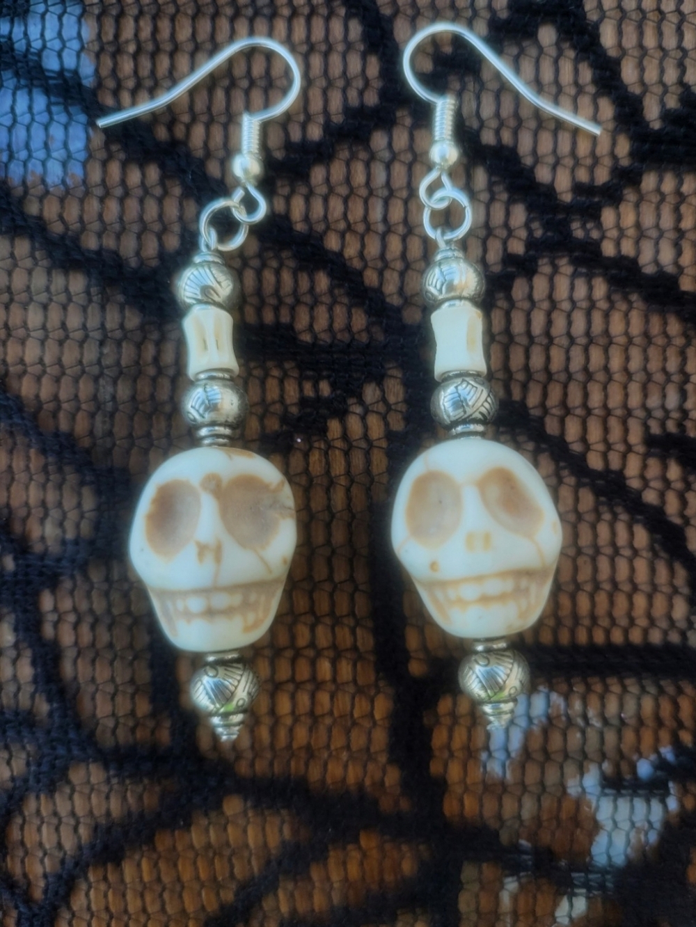 Handcrafted Carved White Stone Skull Bone Beaded Dangle Drop Earrings Hook Pair